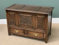 VINTAGE OAK BLANKET BOX with carved 'fruit' panels and base drawers, 70cms H, 107cms W, 51cms D