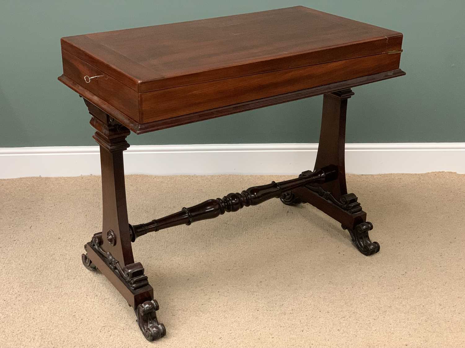 VICTORIAN MAHOGANY BAGATELLE FOLDING GAMES TABLE, the base with turned stretcher and scrolled - Image 4 of 5
