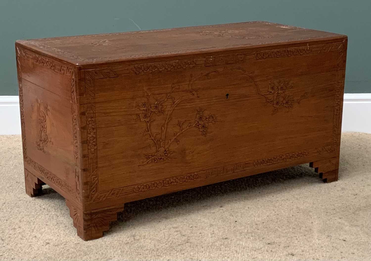 EASTERN CAMPHOR WOOD CHEST with carved foliage detail, 50cms H, 95cms W, 46cms D - Image 2 of 3