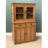 20th CENTURY LIGHT OAK BOOKCASE CUPBOARD, the upper section with twin bevelled glass doors over a
