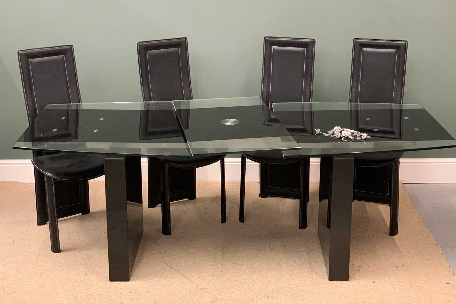ULTRA MODERN GLASS EXTENDING DINING TABLE, 76cms H, 166cms W (closed), 216cms (open), 90cms D and