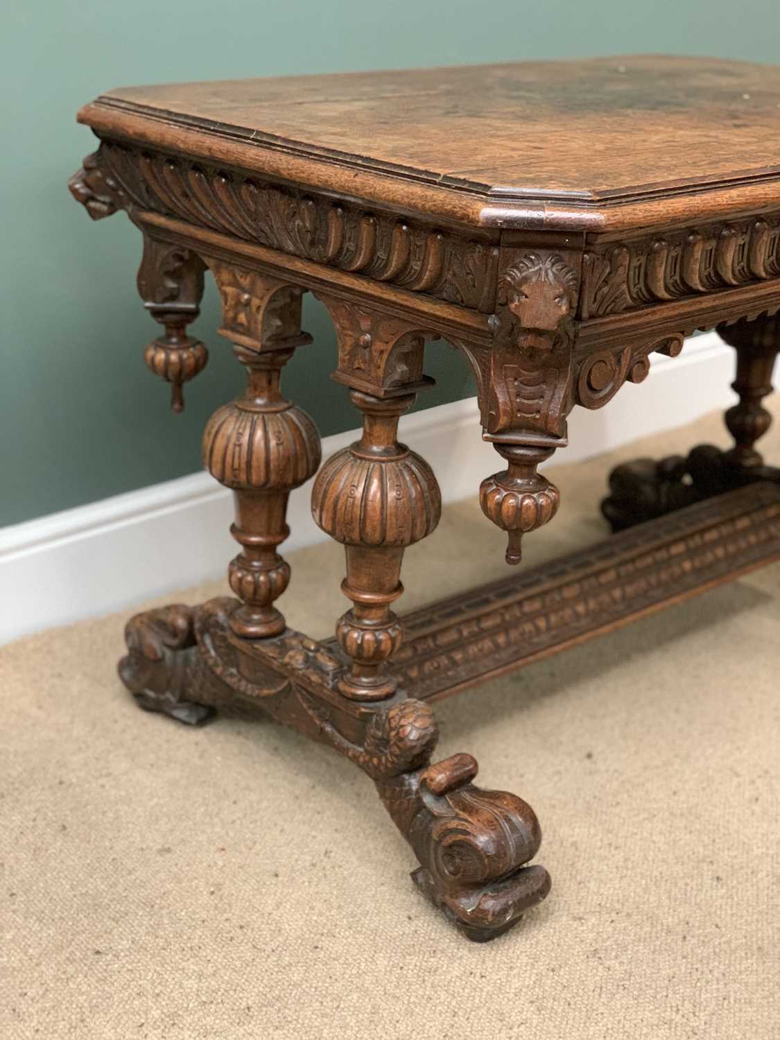 RENAISSANCE REVIVAL STYLE ANTIQUE CARVED OAK LIBRARY TABLE with lion mask detail and single drawer - Image 4 of 5