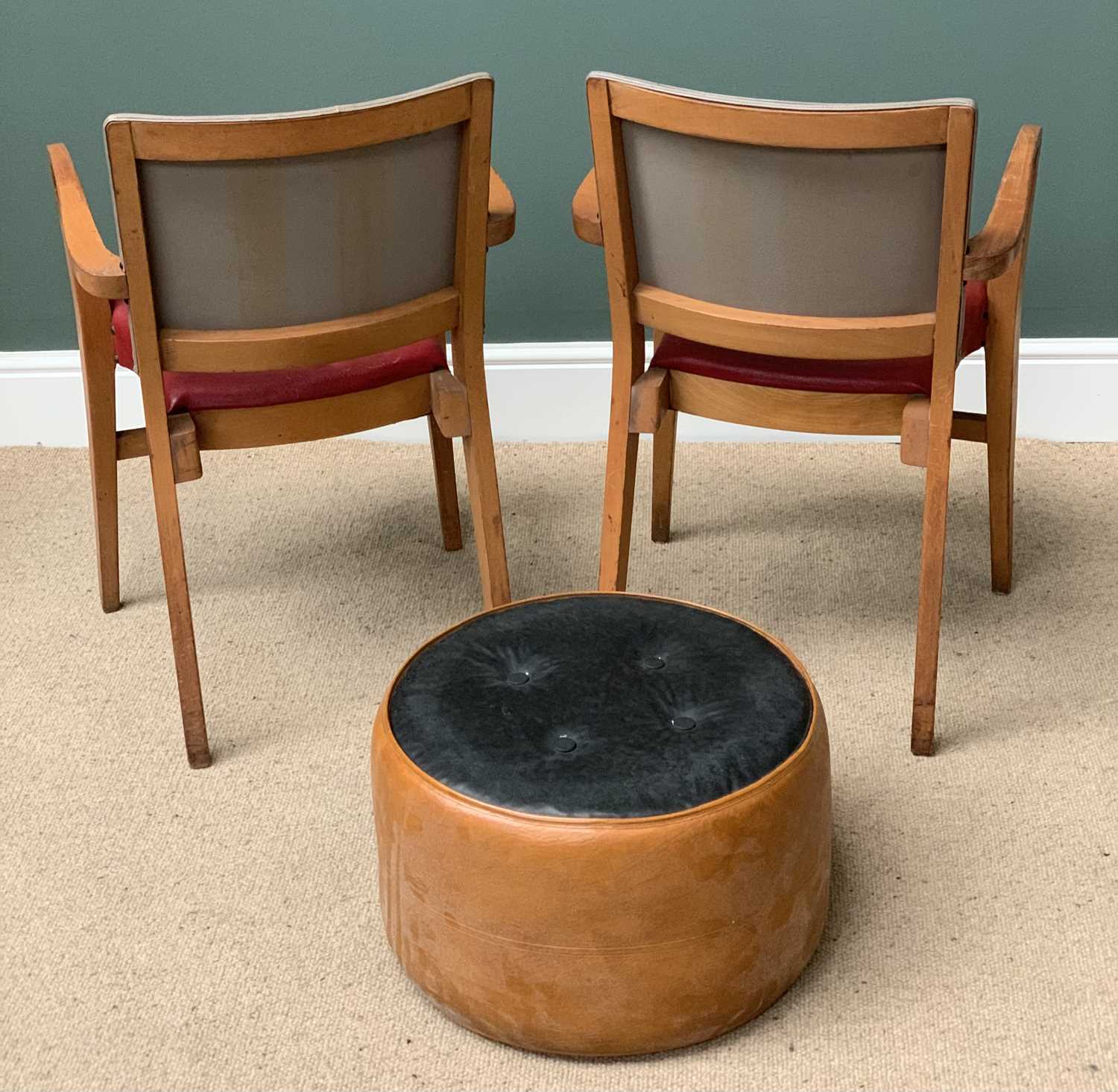 RETRO VINYL SEATED & BACKED ELBOW CHAIRS, a pair, 80cms H, 52cms W, 42cms D and a similar era drum - Image 2 of 2