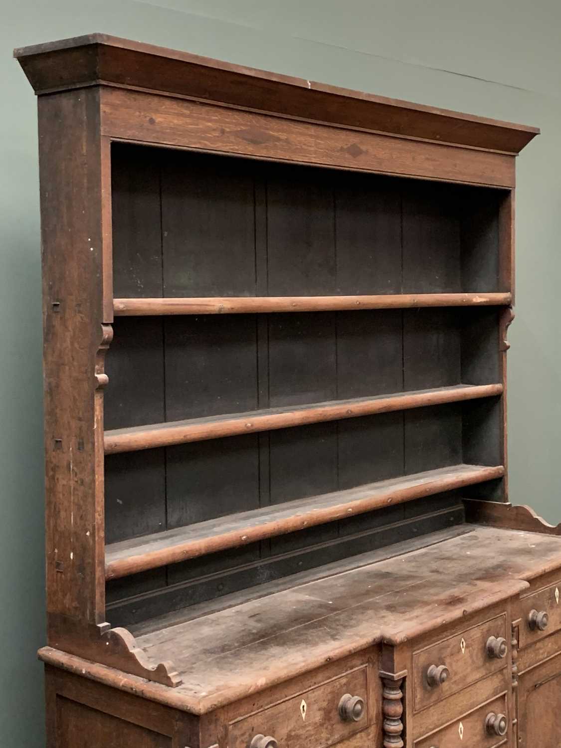 CIRCA 1860 OAK ANGLESEY DRESSER with breakfront, three drawers over three false drawers and two - Image 5 of 6