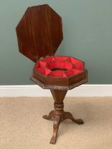 ANTIQUE MAHOGANY WORK TABLE with octagonal shaped top and on a single pedestal tripod base, 70cms H,