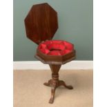 ANTIQUE MAHOGANY WORK TABLE with octagonal shaped top and on a single pedestal tripod base, 70cms H,