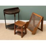 FURNITURE ASSORTMENT (3) to include cane folding backrest, barley twist demi-lune hall table and a