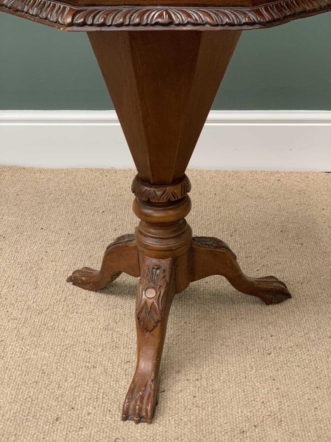 ANTIQUE MAHOGANY WORK TABLE with octagonal shaped top and on a single pedestal tripod base, 70cms H, - Image 2 of 5