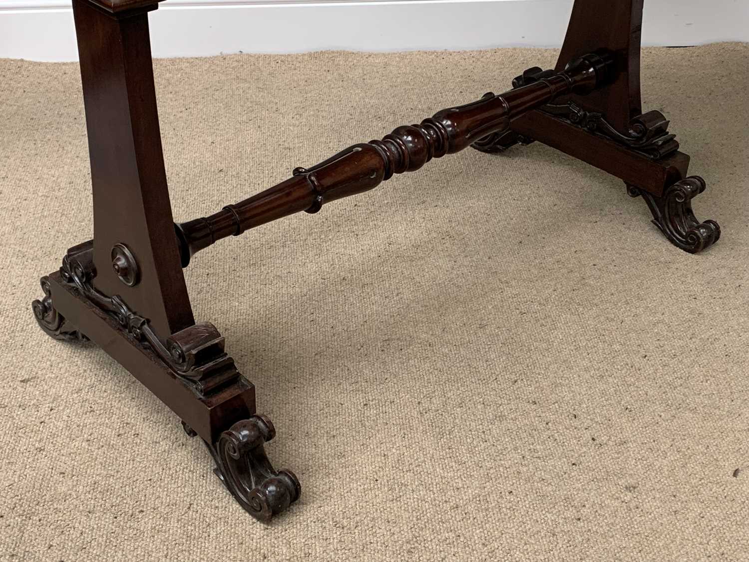VICTORIAN MAHOGANY BAGATELLE FOLDING GAMES TABLE, the base with turned stretcher and scrolled - Image 5 of 5
