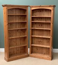 TWO PINE BOOKCASES, a modern pair with adjustable shelves, 199cms H, 90cms W, 30cms D