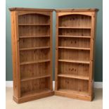 TWO PINE BOOKCASES, a modern pair with adjustable shelves, 199cms H, 90cms W, 30cms D