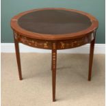 FOLDOVER GAMES TABLE, quality mahogany with inlaid detail and secret drawer, the circular top