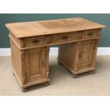 ANTIQUE PINE TWIN PEDESTAL DESK having three drawers over twin pedestal cupboards, 82cms H, 131cms