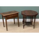 EDWARDIAN MAHOGANY TEA TABLE with octagonal top, 69cms H, 74cms W, 74cms D and an antique oak side