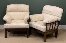 EASTERN HARDWOOD ARMCHAIRS - a pair with classic upholstery, 93cms H, 75cms W, 84cms D