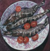 BRYN RICHARDS oil on canvas - Langoustines, tomatoes, 40 x 40cms