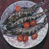 BRYN RICHARDS oil on canvas - Langoustines, tomatoes, 40 x 40cms