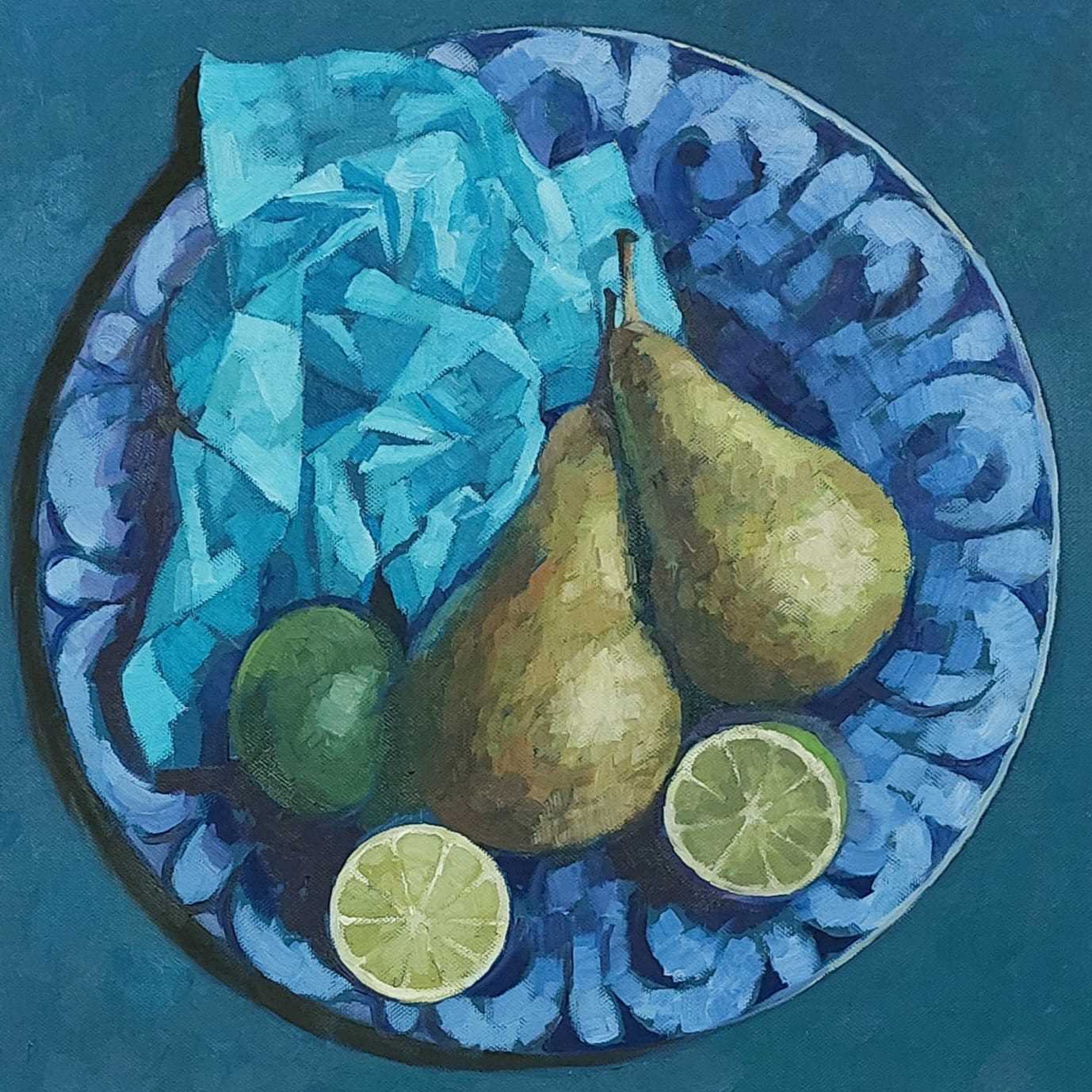 BRYN RICHARDS oil on canvas - Pears, limes, 40 x 40cms