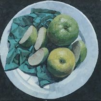 BRYN RICHARDS oil on canvas - Apples, green cloth, 40 x 40cms