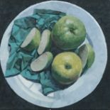 BRYN RICHARDS oil on canvas - Apples, green cloth, 40 x 40cms