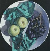 BRYN RICHARDS oil on canvas - Apples, black grapes, 40 x 40cms