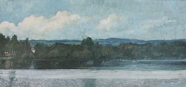 BRYN RICHARDS oil on board - Roath Park Lake, Lilacs, 76 x 36cms