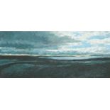 BRYN RICHARDS oil on board - Swanbridge with HMS Achilles, 55 x 24cms