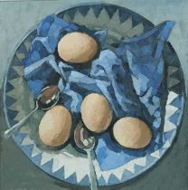 BRYN RICHARDS oil on canvas - Four eggs, two spoons, 40 x 40cms