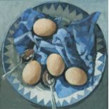 BRYN RICHARDS oil on canvas - Four eggs, two spoons, 40 x 40cms