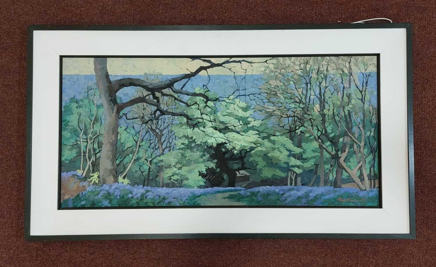 BRYN RICHARDS oil on canvas - Bluebell wood (Coed Rhiw'r Ceiliog), 90 x 43cms - Image 2 of 2