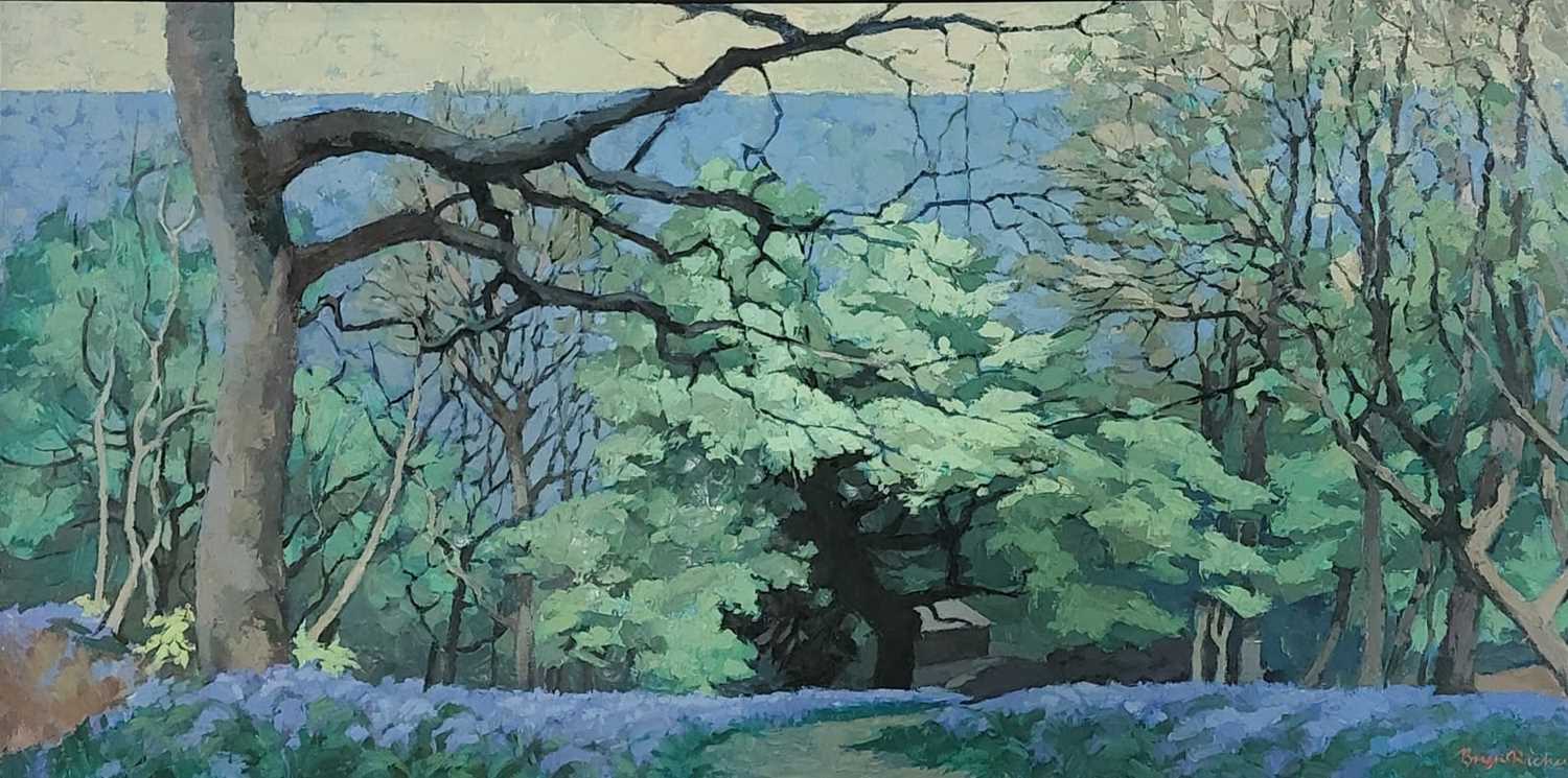 BRYN RICHARDS oil on canvas - Bluebell wood (Coed Rhiw'r Ceiliog), 90 x 43cms