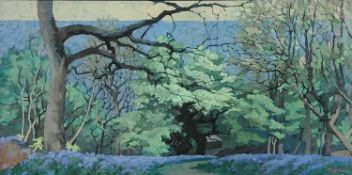 BRYN RICHARDS oil on canvas - Bluebell wood (Coed Rhiw'r Ceiliog), 90 x 43cms