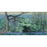 BRYN RICHARDS oil on canvas - Bluebell wood (Coed Rhiw'r Ceiliog), 90 x 43cms