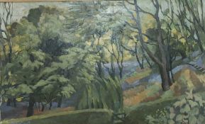 BRYN RICHARDS oil on board - Bluebell wood from the garden, 80 x 46cms