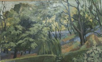 BRYN RICHARDS oil on board - Bluebell wood from the garden, 80 x 46cms