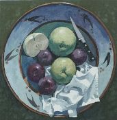 BRYN RICHARDS oil on canvas - Apples, plums, 40 x 40cms