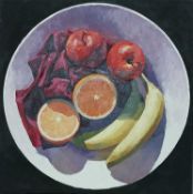 BRYN RICHARDS oil on canvas - Apples, orange, bananas, 40 x 40cms