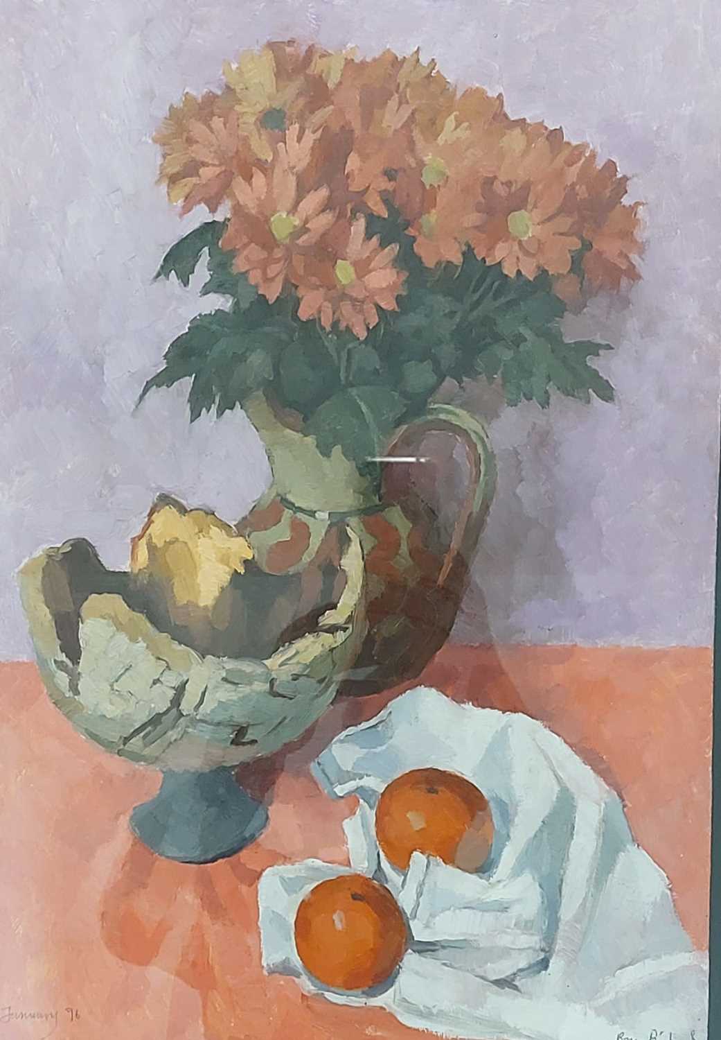 BRYN RICHARDS oil on board - Still life with Billy Adams pot, 50 x 35cms