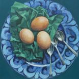 BRYN RICHARDS oil on canvas - Three eggs, three spoons, 40 x 40cms