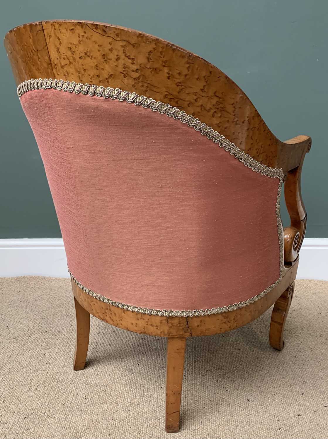 ELEGANT BIRD'S EYE MAPLE TUB TYPE ELBOW CHAIR with pink upholstery, with scrolled arms and shaped - Image 2 of 2