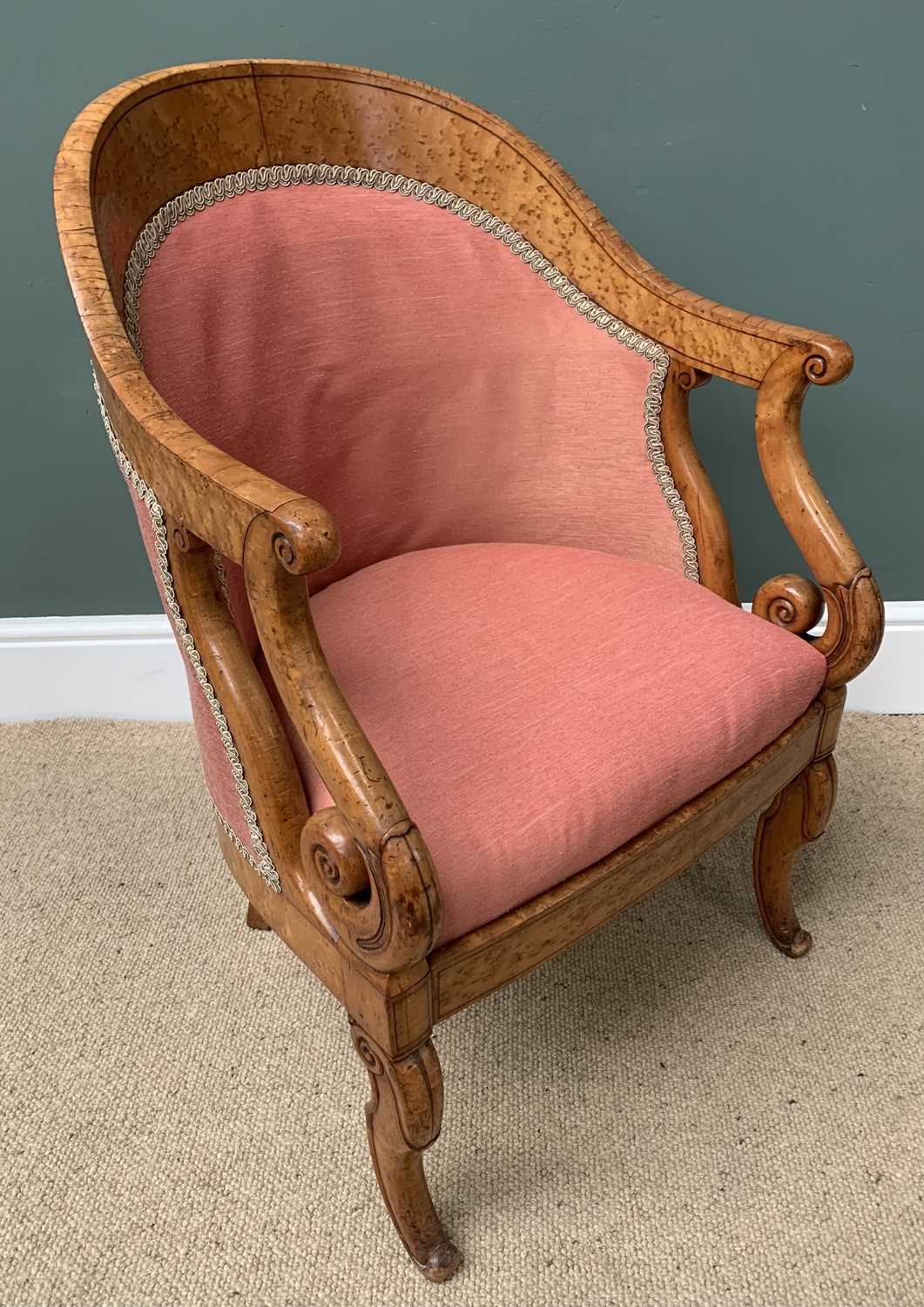 ELEGANT BIRD'S EYE MAPLE TUB TYPE ELBOW CHAIR with pink upholstery, with scrolled arms and shaped