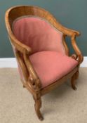 ELEGANT BIRD'S EYE MAPLE TUB TYPE ELBOW CHAIR with pink upholstery, with scrolled arms and shaped