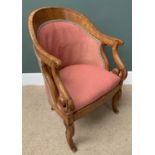 ELEGANT BIRD'S EYE MAPLE TUB TYPE ELBOW CHAIR with pink upholstery, with scrolled arms and shaped