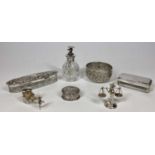 SMALL SILVER - 7 items to include two silver topped glass trinket boxes and a small oval lidded pill