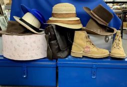 LADY'S & GENT'S HATS, hat boxes, vintage style tin trunks in blue (2) and other items to include a