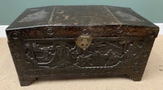 CHINESE CARVED BLANKET CHEST with tapered top, 50cms H, 94cms W, 45cms D