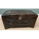 CHINESE CARVED BLANKET CHEST with tapered top, 50cms H, 94cms W, 45cms D