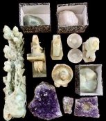 NATURAL STONE & QUARTZ SAMPLES CARVED SOAPSTONE FIGURINES, BOOKENDS & ORNAMENTS, ETC - stone