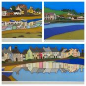 JAYNE HUSKISSON silks (2) - seaside villages, 23 x 60cms and a third entitled 'Aberfraw', 19 x