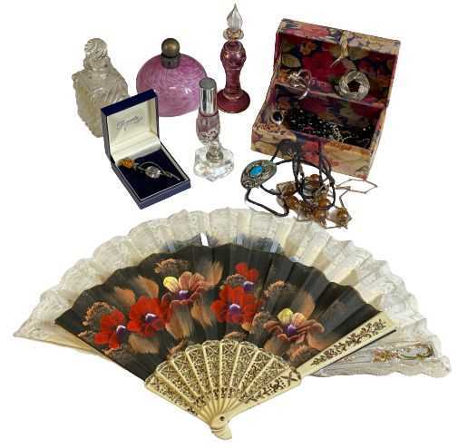 A QUANTITY OF COSTUME JEWELLERY, ornamental scent bottles, folding fans, ETC